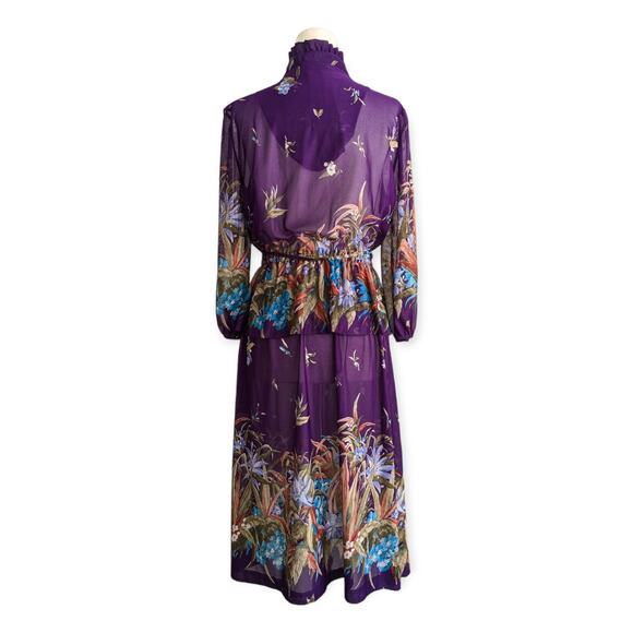 Vintage 70s Peplum Ruffle Dress ~ Botanical Print Sheer Blouson High Collar - Picture 4 of 10